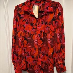 020T Vibrant Floral Button-Up Blouse NWT